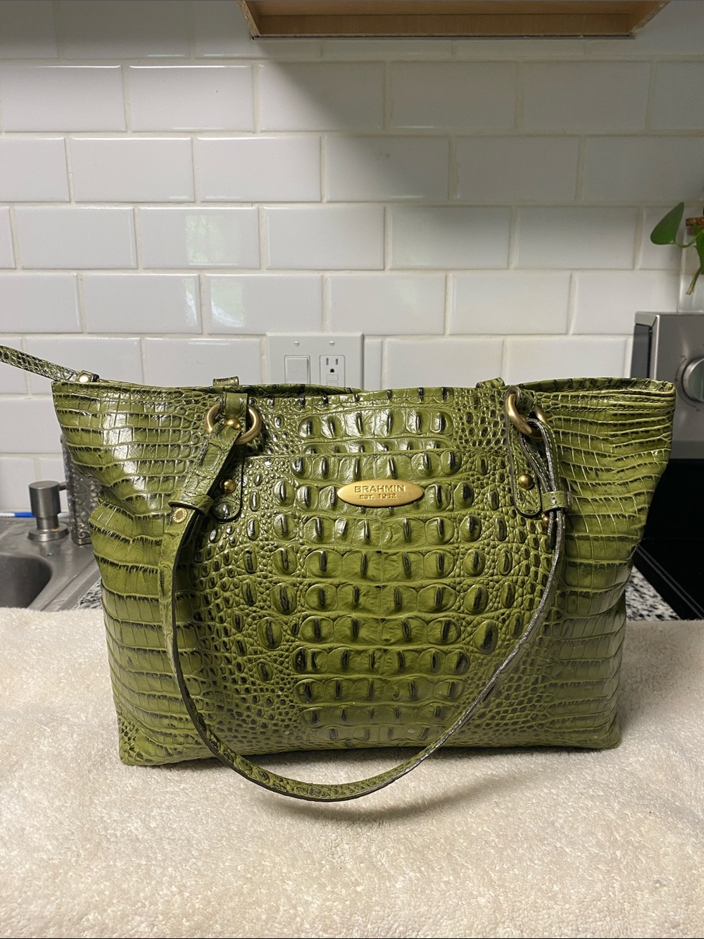 Brahmin Olive Croc-Embossed Leather Tote with Gold Plaque